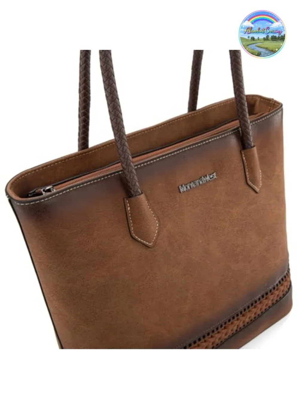 Woven Vegan Leather Tote Bag with Back Zipper Pocket, Spacious